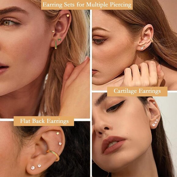 15 Pairs Gold & Steel Flat Back Hypoallergenic Stud & Hoop Earrings Set for Sens - Picture 4 of 6